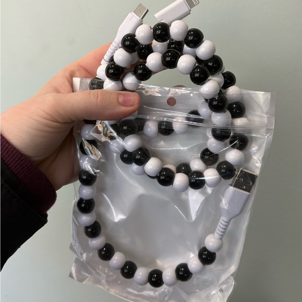 Black and White Beaded Charging Cable